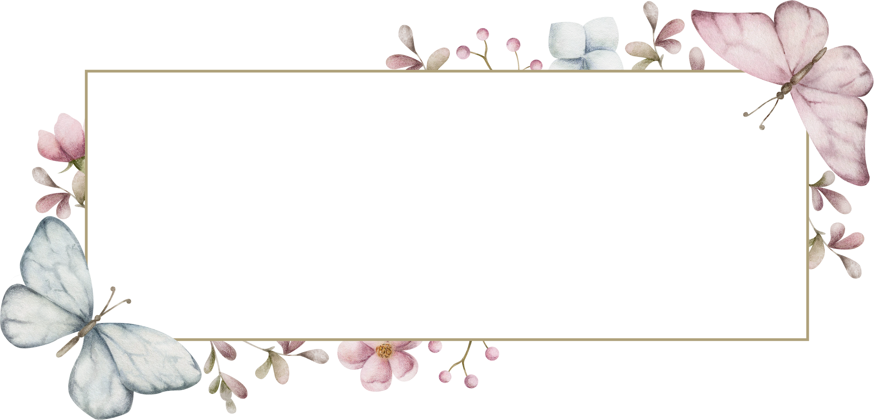 Rectangle frame with flowers and butterflies. Watercolor ill